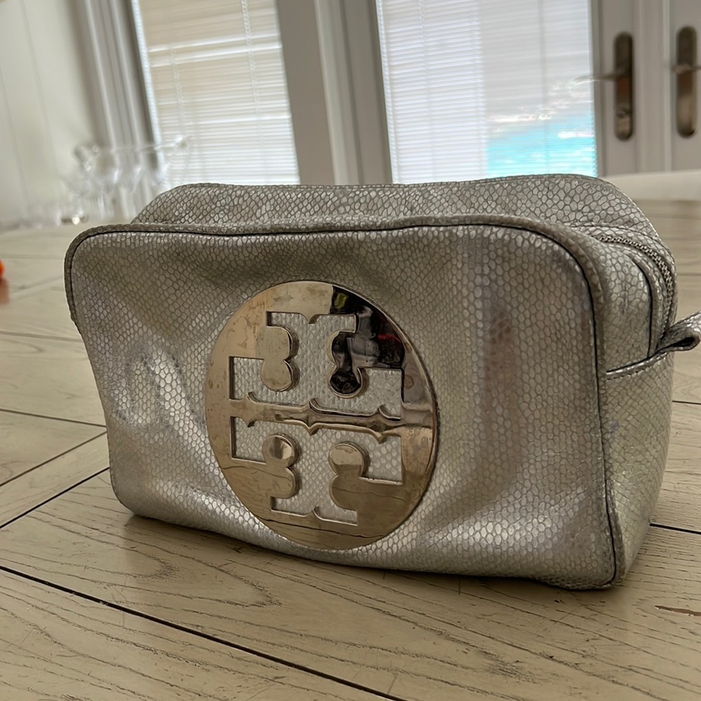 Tori Burch Silver Mirrored Cosmetic Bag Large